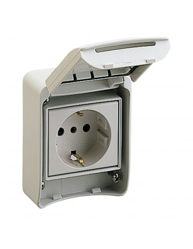 PratiKa prise PK gris clair 2P+T latérale 10/16 A CEE 7 IP 55 saillie SCHNEIDER 81141