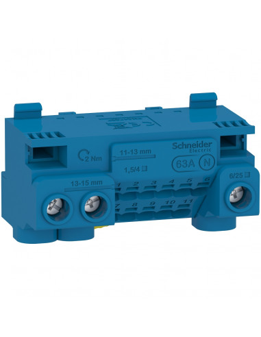 Resi9 bornier neutre 63A avec cavalier auto 11x1,5 à 4² vis 3x6 à 25² SCHNEIDER LGYT1N14