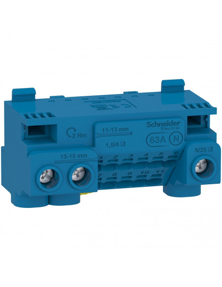Resi9 bornier neutre 63A avec cavalier auto 11x1,5 à 4² vis 3x6 à 25² SCHNEIDER LGYT1N14