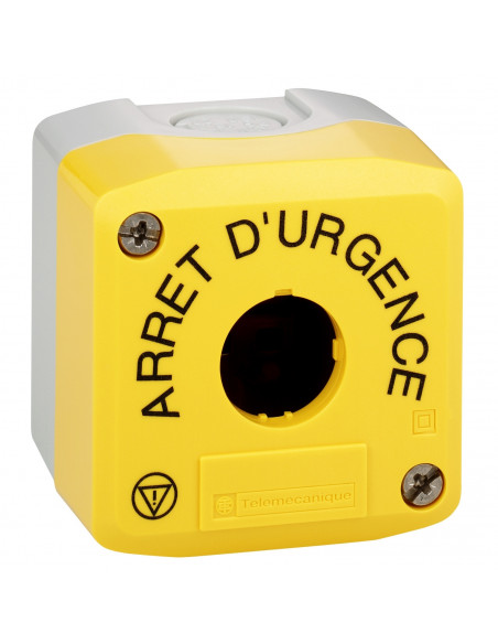 Harmony boite 1 trou couvercle jaune ARRET D'URGENCE logos EN13850 SCHNEIDER XALK01HFR