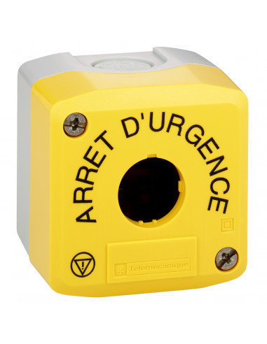 Harmony boite 1 trou couvercle jaune ARRET D'URGENCE logos EN13850 SCHNEIDER XALK01HFR