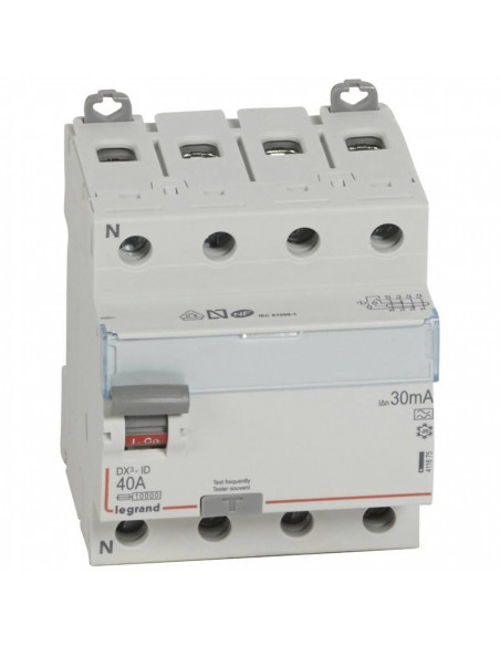 Interrupteur différentiel DX³-ID arrivée haute et départ bas à vis 4 Pôles 400V 40A type A 30mA 4 modules LEGRAND 411675