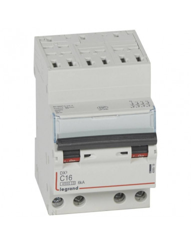 Disjoncteur DX³4500 6kA arrivée auto sortie basse bornes à vis tétrapolaire 400V 16A courbe C 3 modules LEGRAND 406919