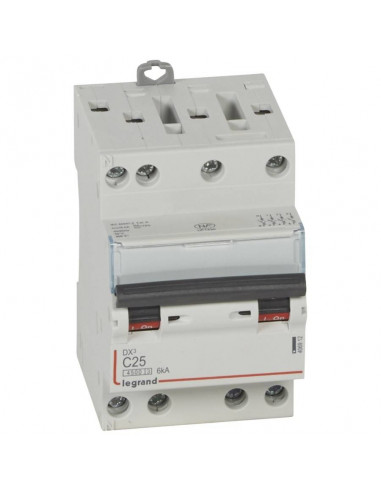 Disjoncteur DX³4500 6kA arrivée haute et sortie basse par borne à vis tétrapolaire 400V 25A courbe C 3 modules  LEGRAND 406912