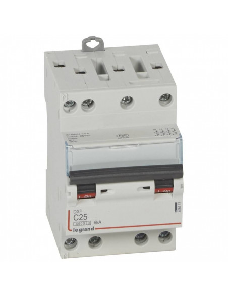 Disjoncteur DX³4500 6kA arrivée haute et sortie basse par borne à vis tétrapolaire 400V 25A courbe C 3 modules  LEGRAND 406912