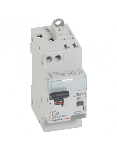 Disjoncteur différentiel monobloc DX³6000 10kA arrivée haute vis départ haut auto U+N 230V~ 32A type AC 30mA LEGRAND 410808