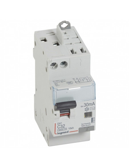 Disjoncteur différentiel monobloc DX³6000 10kA arrivée haute vis départ haut auto U+N 230V~ 32A type AC 30mA LEGRAND 410808