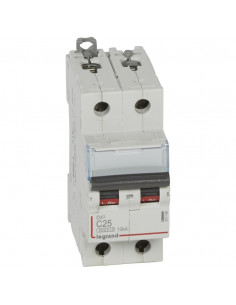 Disjoncteur DX³6000 10kA arrivée haute et départ bas à vis 2 Pôles de 230V à 400V 25A courbe C 2 modules LEGRAND 407786/407802