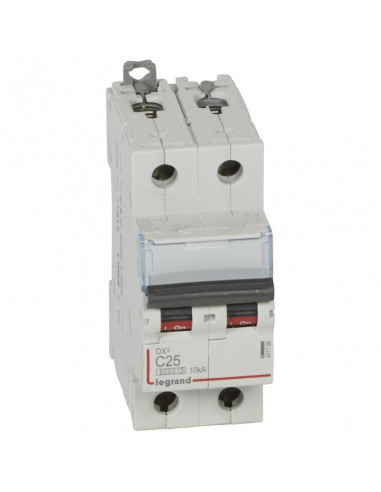 Disjoncteur DX³6000 10kA arrivée haute et départ bas à vis 2 Pôles de 230V à 400V 25A courbe C 2 modules LEGRAND 407786/407802