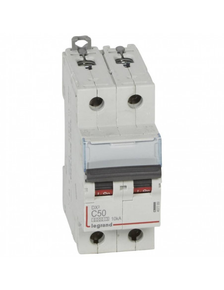 Disjoncteur DX³6000 10kA arrivée haute et départ bas à vis 2 Pôles de 230V à 400V 50A courbe C 2 modules LEGRAND 407789
