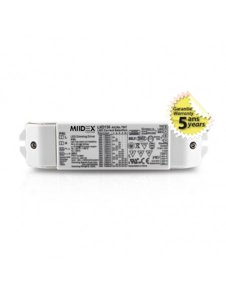 ALIM DALI PUSH 12-38W 3-66VDC 200-1050MA IP20 0-10V 5ANS MIIDEX VISION-EL 7547