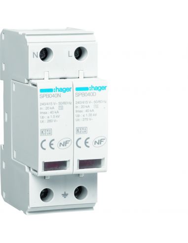 Parafoudre 2P T2 TNS/TT Uc 275V In 20kA Imax 40kA telesignalisation HAGER SPB240R