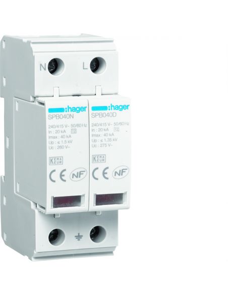 Parafoudre 2P T2 TNS/TT Uc 275V In 20kA Imax 40kA telesignalisation HAGER SPB240R
