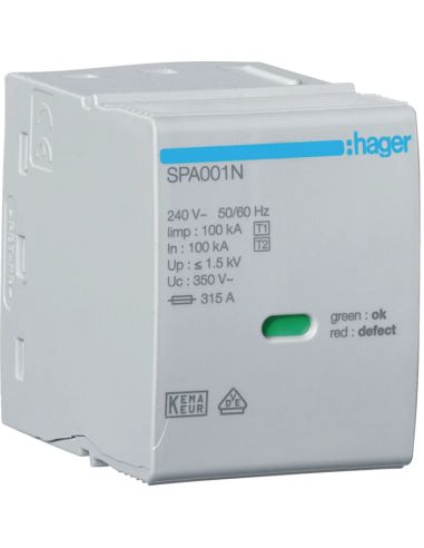 Cartouche N-PE Uc 350V Iimp 100kA Up 1.5kV HAGER SPA001N