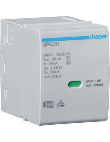 Cartouche L-N/PEN Uc 350V Iimp 25kA Up 1.5kV pour SPA80x HAGER SPA081