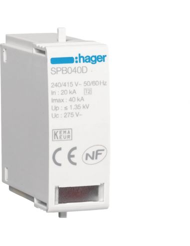 Cartouche L-N Uc 275V In 20kA Imax 40kA Up 1,35kV HAGER SPB040D
