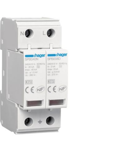 Parafoudre 2P TNS/TT Uc 275V In 2 kA Imax 8 kA Up 1kV HAGER SPB208D