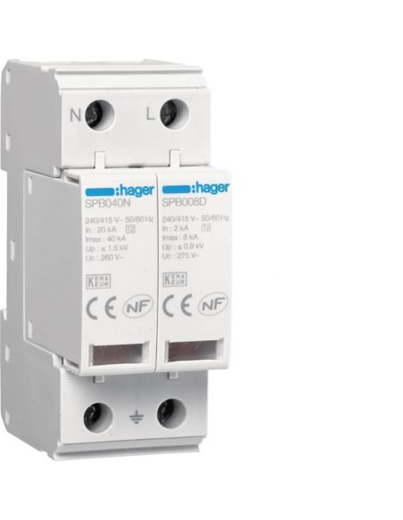Parafoudre 2P T2 TNS/TT Uc 275V In 5kA Imax 15kA telesignalisation HAGER SPB215R