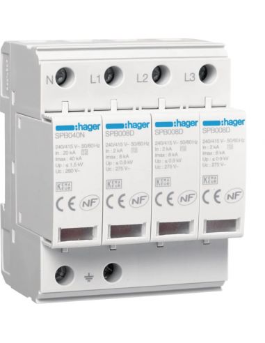 Parafoudre 4P T2 TNS/TT Uc 275V In 20kA Imax 40kA telesignalisation HAGER SPB440R