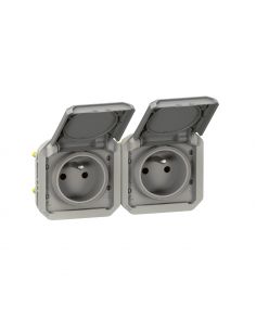 Double prise de courant précâblée 2x2P+T horizontale étanche Plexo 16A 250V IP55 2 postes avec enjoliveurs finition gris LEGRAND