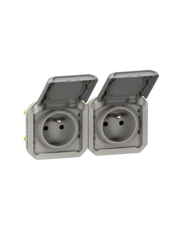 Double prise de courant précâblée 2x2P+T horizontale étanche Plexo 16A 250V IP55 2 postes avec enjoliveurs finition gris LEGRAND
