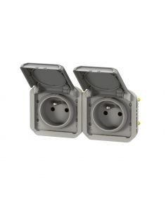 Double prise de courant précâblée 2x2P+T horizontale étanche Plexo 16A 250V IP55 2 postes avec enjoliveurs finition gris LEGRAND 2