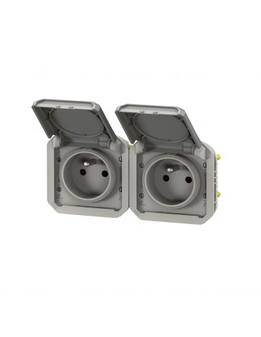 Double prise de courant précâblée 2x2P+T horizontale étanche Plexo 16A 250V IP55 2 postes avec enjoliveurs finition gris LEGRAND