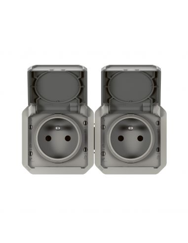 Double prise de courant précâblée 2x2P+T horizontale étanche Plexo 16A 250V IP55 2 postes avec enjoliveurs finition gris LEGRAND