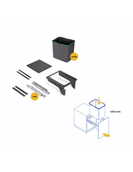Recycle 35L poubelle de recyclage pour la cuisine avec montage latéral Acier et Plastique Plastique gris antracite EMUCA 8966023