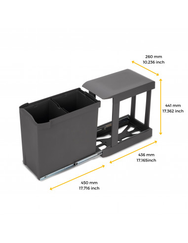 Poubelles recyclage la cuisine 2 x 14L fixation inférieure extraction automatique Acier Plastique Gris antracite EMUCA 8907023