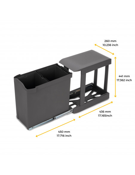 Poubelles recyclage la cuisine 2 x 14L fixation inférieure extraction automatique Acier Plastique Gris antracite EMUCA 8907023