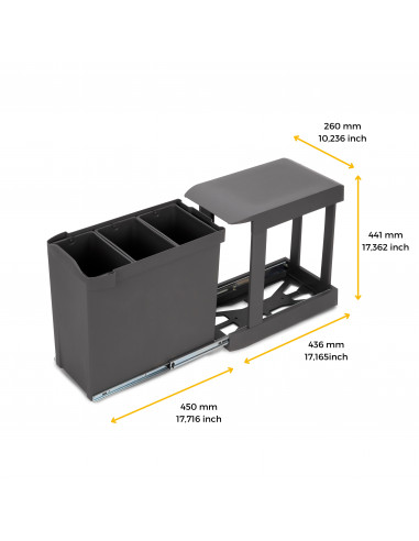Poubelles recyclage la cuisine 3 x 10L fixation inférieure extraction automatique Acier Plastique Gris antracite EMUCA 8907123