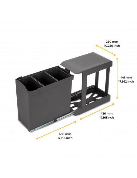 Poubelles recyclage la cuisine 3 x 10L fixation inférieure extraction automatique Acier Plastique Gris antracite EMUCA 8907123