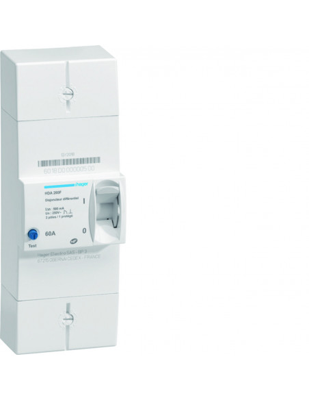 Disjoncteur de branchement différentiel 2 Pôles 60A 500mA instantané HAGER HDA260F