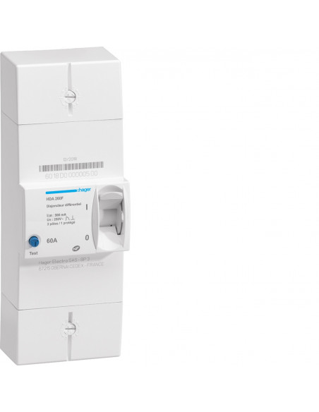 Disjoncteur de branchement différentiel 2 Pôles 60A 500mA instantané HAGER HDA260F