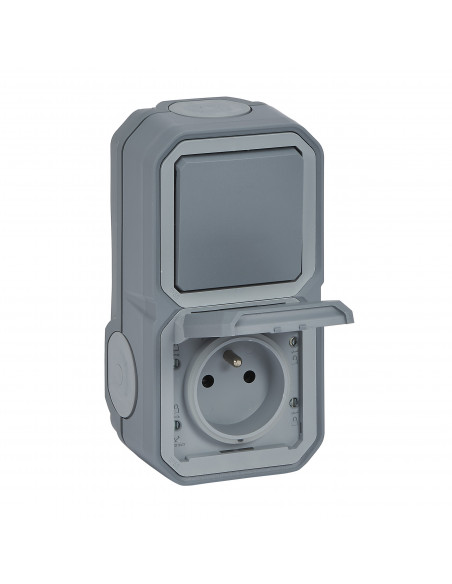 Prise de courant avec va-et-vient vertical Plexo complet saillie gris LEGRAND 070012