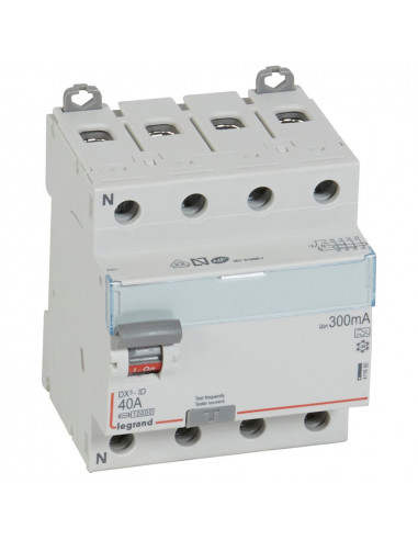 Interrupteur différentiel DX³-ID arrivée haute et départ bas à vis 4 Pôles 400V 40A typeA 300mA 4 modules LEGRAND 411685