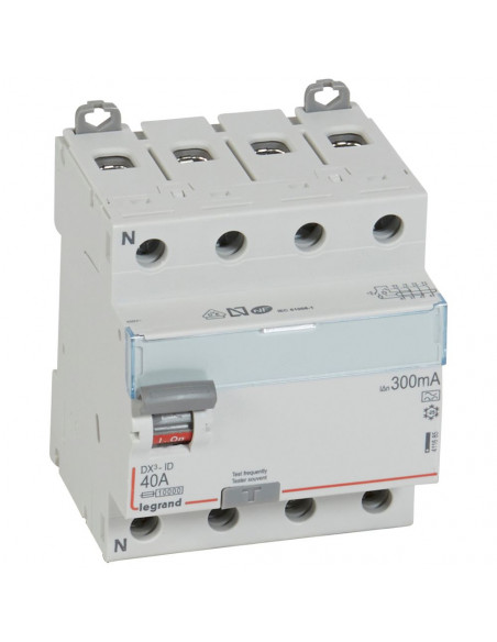 Interrupteur différentiel DX³-ID arrivée haute et départ bas à vis 4 Pôles 400V 40A typeA 300mA 4 modules LEGRAND 411685
