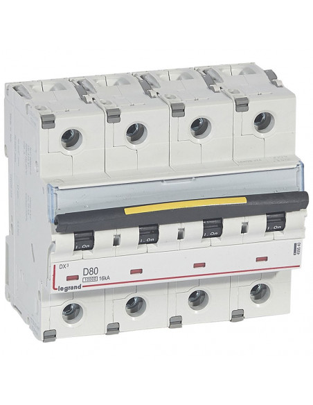 Disjoncteur DX³10000 16kA arrivée haute et départ bas à vis 4 Pôles 400V 80A courbe D 6 modules LEGRAND 409540