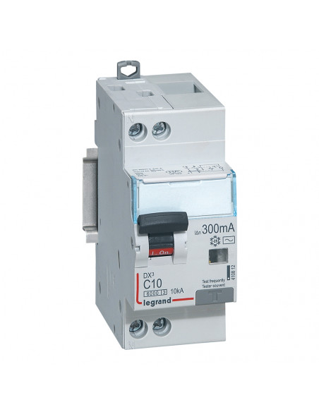 Disjoncteur différentiel monobloc DX³6000 10kA arrivée haute et départ bas à vis U+N 230V 10A type AC 300mA LEGRAND 410812