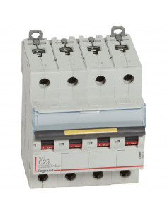 Disjoncteur DX³10000 16kA arrivée haute et départ bas à vis 4 Pôles 400V 25A courbe C 4 modules LEGRAND 409357