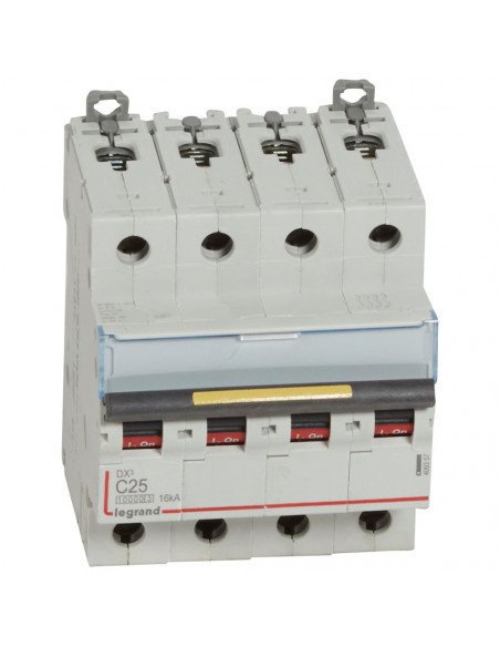 Disjoncteur DX³10000 16kA arrivée haute et départ bas à vis 4 Pôles 400V 25A courbe C 4 modules LEGRAND 409357