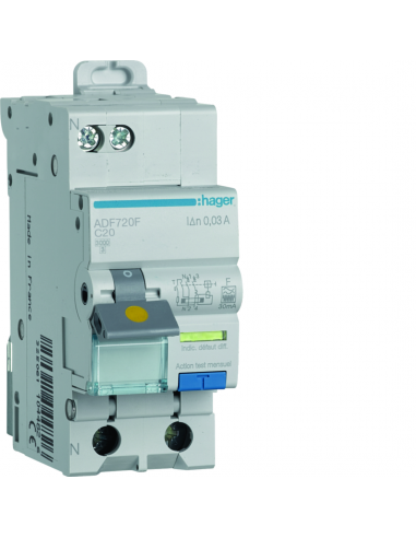 Disjoncteur différentiel 1P+N 3kA C-20A 30mA type F HAGER ADF720F