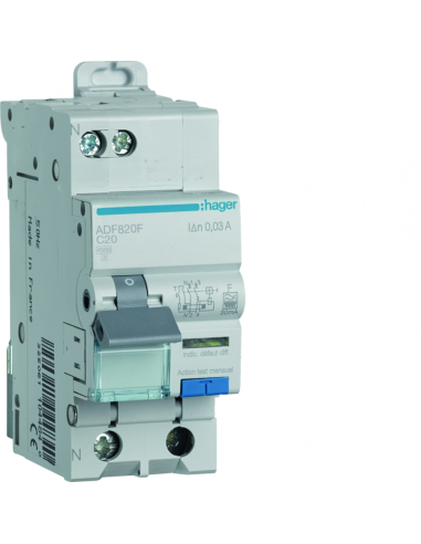 Disjoncteur différentiel 1P+N 4 5kA Courbe C 20A 30mA type F HAGER ADF820F