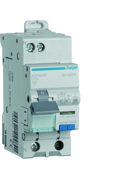 Disjoncteur différentiel 1P+N 4 5kA Courbe C 20A 30mA type F HAGER ADF820F