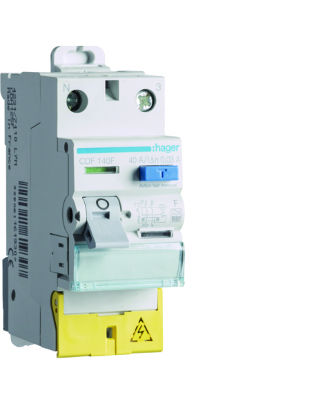 Interrupteur différentiel 1P+N 40A 30mA type F Bornes décalées HAGER CDF140F