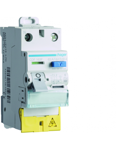 Inter diff 1P+N 63A 30mA type F Bornes décalées HAGER CDF163F