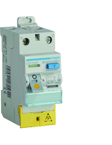 Interrupteur différentiel 2 Pôles 63A 30mA type F Bornes décalées HAGER CDF763F