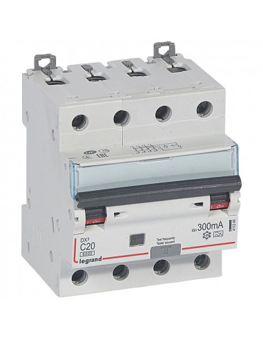 Disjoncteur différentiel monobloc DX³6000 10kA arrivée haute et départ bas à vis 4 Pôles 400V 20A type A 300mA LEGRAND 411240
