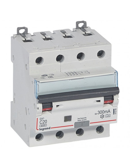 Disjoncteur différentiel monobloc DX³6000 10kA arrivée haute et départ bas à vis 4 Pôles 400V 20A type A 300mA LEGRAND 411240